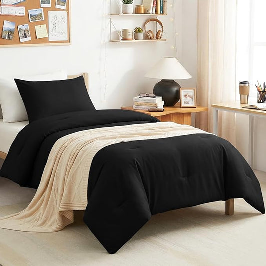 CozyLux Twin/Twin XL Comforter Set Black, 2 Pieces Twin Extra Long Solid Breathable Bedding Sets for College Dorm, Luxury Soft Bed Set with Down Alternative Comforter and 1 Pillowcase All Seasons