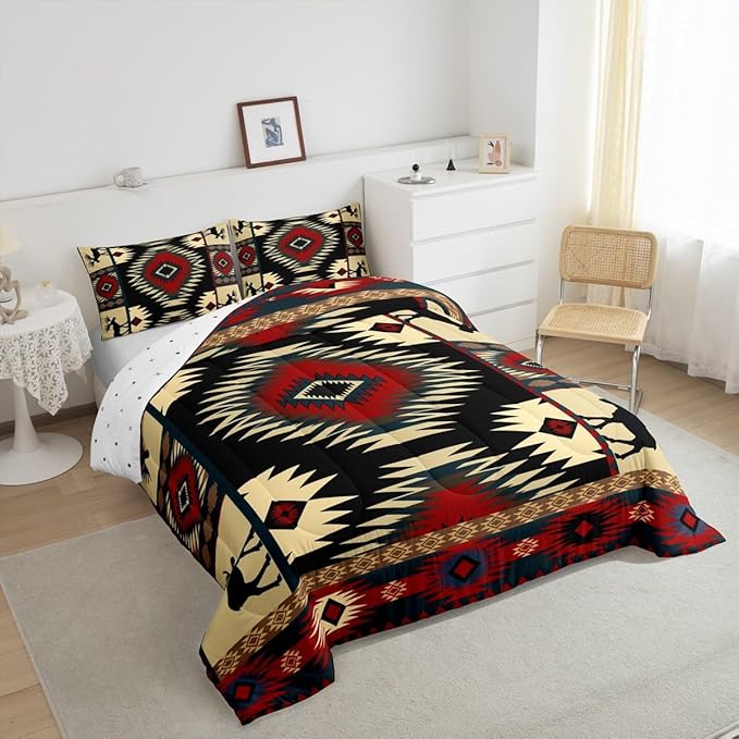 Feelyou Boho Comforter Set Queen Size Rustic Comforter for Boys Girls Teens Cabin Bedding Set Retro Duvet Set Room Decor Auburn Quilt Set