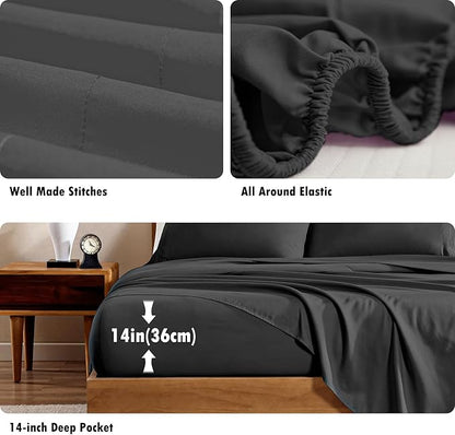 ClevaHome Queen Sheet Set, 4-Piece Bed Sheets for Queen Size Bed, Lightweight & Super Soft Easy Care Microfiber– Shrinkage & Fade Resistant Bedding Set with 14'' Deep Pockets (Black)
