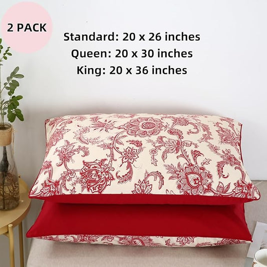 WINLIFE Ultra Soft Set of 2 Pillowcases Floral Printed 100% Cotton Pillow Cases Envelope Closure Queen 20x30'', Vintage Red Paisley
