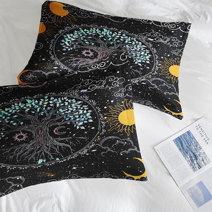 Comforter Set Queen Size, Trippy Hippie Tree of Life 7 Pcs Bedding for Kids and Adults, Sun and Moon Bohemian Bed Sheet Sets with Fitted Sheet 2 Pillowcase & 2 Sham for Bedroom Bed Decor