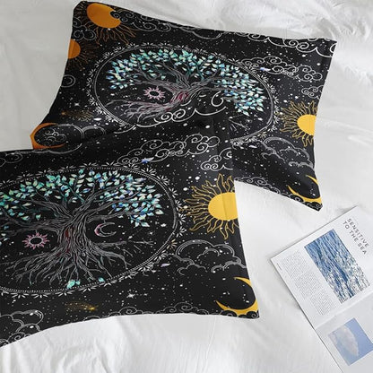 Comforter Set Full Size, Trippy Hippie Tree of Life 7 Pcs Bedding for Kids and Adults, Sun and Moon Bohemian Bed Sheet Sets with Fitted Sheet 2 Pillowcase & 2 Sham for Bedroom Bed Decor
