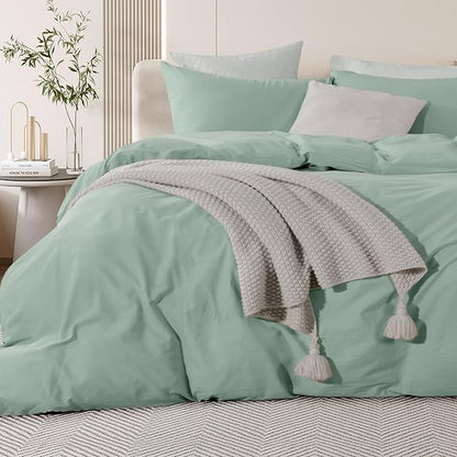 NEXHOME PRO Green Duvet Cover Set Oversized Queen 98"x98" Linen Feel Textured Organic Natural 100% Washed Cotton Duvet Cover 3 Pieces Bedding Set Zipper Closure, Breathable, Soft (No Comforter)