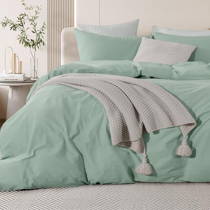 NEXHOME PRO Green Duvet Cover Set California King Linen Feel Textured Organic Natural 100% Washed Cotton Duvet Cover 3 Pieces Bedding Set with Zipper Closure, Breathable, Soft (No Comforter)