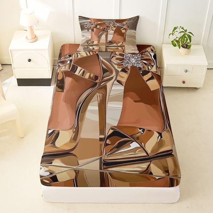 Erosebridal High-Heels Girlish Girls Bed Sheets Twin Size Romantic Fashion Fitted Sheet Fashionable Gorgeous Bedding Set for Kids Children Women Bedroom Decor Modern Minimalist Gold Sheets