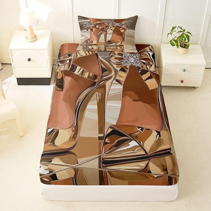 Erosebridal High-Heels Girlish Girls Bed Sheets Twin Size Romantic Fashion Fitted Sheet Fashionable Gorgeous Bedding Set for Kids Children Women Bedroom Decor Modern Minimalist Gold Sheets