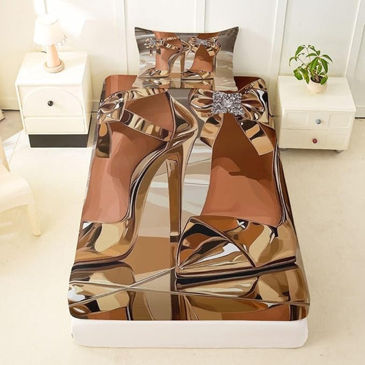 Erosebridal High-Heels Girlish Girls Bed Sheets Twin Size Romantic Fashion Fitted Sheet Fashionable Gorgeous Bedding Set for Kids Children Women Bedroom Decor Modern Minimalist Gold Sheets