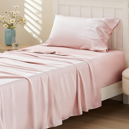 Bedsure Cooling Sheets Twin XL, Rayon Derived from Bamboo, PureWoven, Breathable & Soft Twin XL Sheet Sets, Deep Pocket Up to 16 Inches, Hotel Luxury Silky Dorm Bedding for Hot Sleepers, Pink