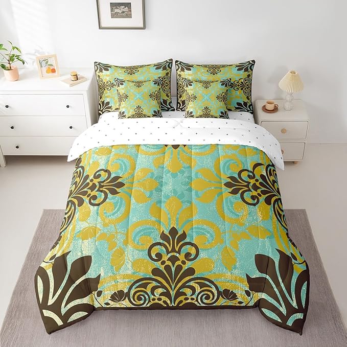 Erosebridal Bohemian Damask Bed in a Bag King Size Comforter Set 7 Pieces,Exotic Flowers Bedding Sets Antique Victorian Gothic Vintage Floral Sheet Set with Comforter