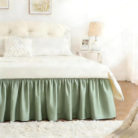 RIMELA Sage Green Bed Skirt King Size 15 Inch Drop, Elastic Bed Skirting for Bed Base and Frame, Bedding Dust Ruffle Easy to Install, Wrap Around Adjustable Bedskirt