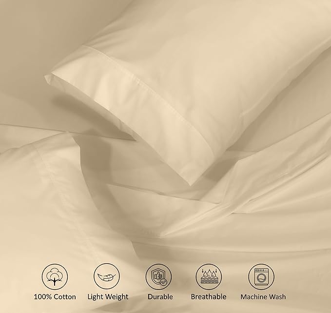 RUVANTI 100% Cotton Sheets – Full Size Percale Bedding, Cooling & Breathable, Durable with a Crisp, Soft & Comfortable Feel, 16" Deep Pocket, 4-Piece Set, Beige