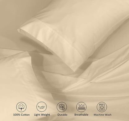 RUVANTI 100% Cotton Sheets – Full Size Percale Bedding, Cooling & Breathable, Durable with a Crisp, Soft & Comfortable Feel, 16" Deep Pocket, 4-Piece Set, Beige