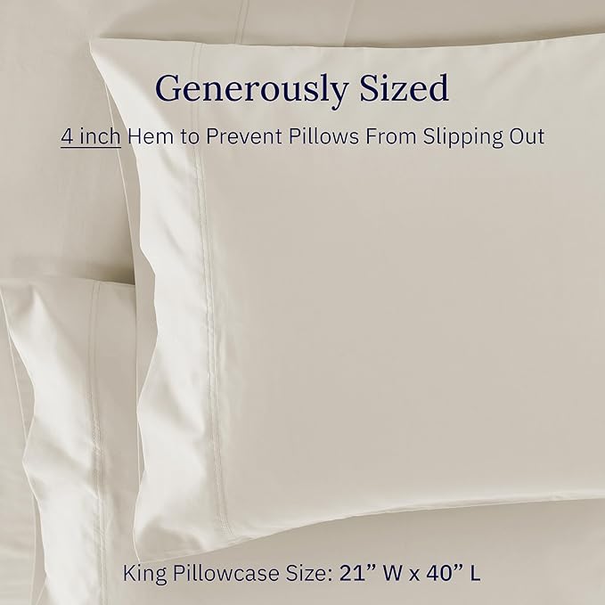 Luxuriously Soft Premium 600 Thread Count, 100% Cotton Set of 2 Cases, Crisp King Size Pillow Case Set of 2, Fits King Pillows - Ivory (Warm Cream)