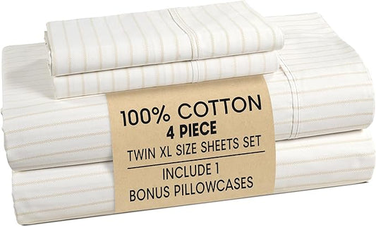 Casa Platino Sheets Twin XL Size Bed Set – 100% Cotton Sheet Set Twin XL Crisp Percale Weave with 2 Pillowcases, with 15" Deep Pocket Fitted Sheet for Secure Fit, Ultra Soft & Breathable – Sandora