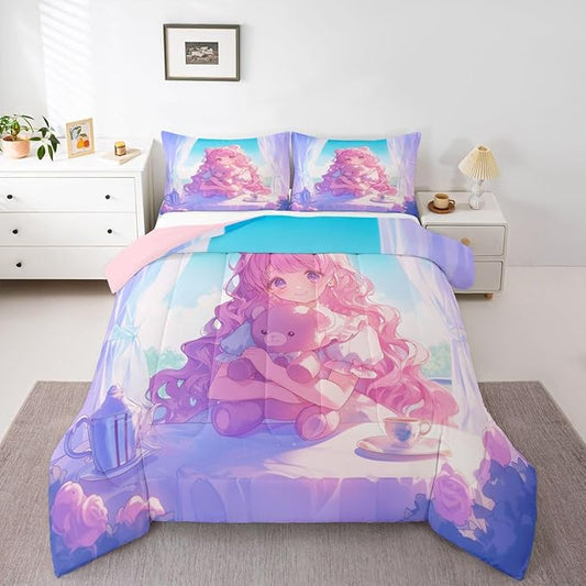 Erosebridal 3D Anime Girl Comforter Set Queen, Japanese Girl Romance Love Bedding Cartoon Anime Gifts Bedding Comforter Sets, Rabbit Lovers Gifts - 1 Comforter 2 Pillow Cases