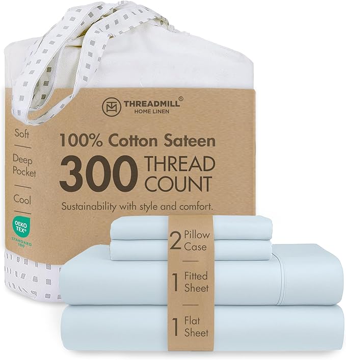 Threadmill Full Size Sheet Set | 100% Cotton Sheets | Solid Sateen Full Bed Sheets Set with 16' Elasticized Deep Pocket | Soft Breathable 4-Piece Cooling Sheet Set | Light Blue