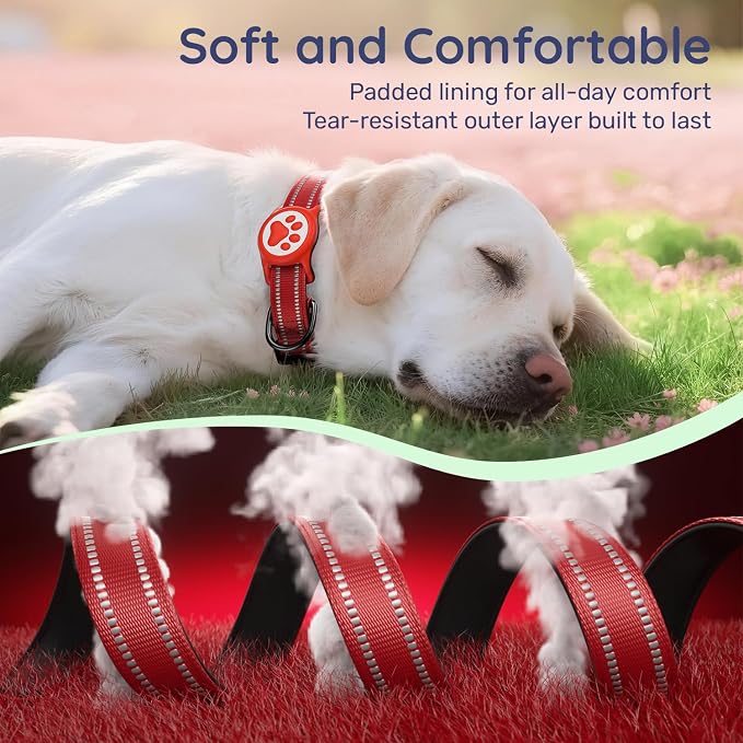 Airtag Dog Collar, Reflective Ultra-Durable Nylon Padded with QR Code Buckle & IP68 Waterproof Air Tag Holder Compatible for Apple AirTag, Comfortable for Small Medium Large Dogs(Red,S)
