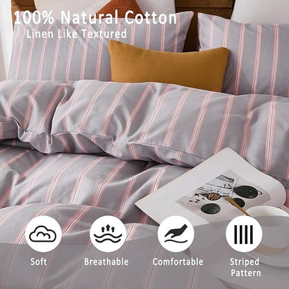 Merryword 100% Cotton Duvet Cover Set Queen Size - Gray and Pink Striped Bedding Set with Zipper & Corner Ties, 3-Piece Luxury Linen Like Bedding Set for All Seasons