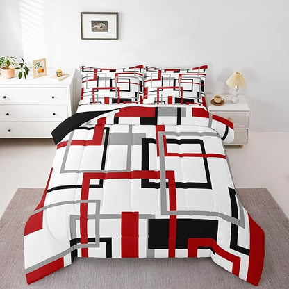 Square Comforter Set,White Black Red Grey Stripes Bedding Set Warm,Geometric Grid Checkred Down Comforter for Kids Boys Girls,Modern Creative Art Quilted Duvet Soft with 2 Pillowcases,Queen