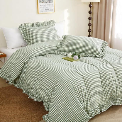 Sage Green/White Plaid Ruffle Duvet Cover Twin Size,100% Washed Cotton 3 Pcs Vintage Checkered Chic Gingham Farmhouse Bedding Set Comforter Cover Set
