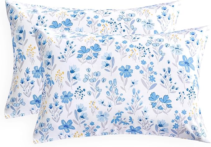 Wake In Cloud - Floral Pillow Cases, Botanical Flower Coquette Cottagecore Shabby Chic Aesthetic, Set of 2 Soft Pillowcases Pillow Shams Covers, Blue White, Standard Size 20x26 Inches
