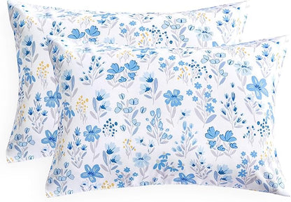 Wake In Cloud - Floral Pillow Cases, Botanical Flower Coquette Cottagecore Shabby Chic Aesthetic, Set of 2 Soft Pillowcases Pillow Shams Covers, Blue White, Standard Size 20x26 Inches