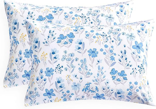 Wake In Cloud - Floral Pillow Cases, Botanical Flower Coquette Cottagecore Shabby Chic Aesthetic, Set of 2 Soft Pillowcases Pillow Shams Covers, Blue White, Standard Size 20x26 Inches