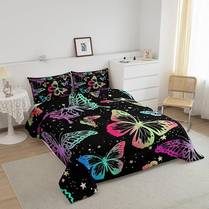 Erosebridal Butterfly Comforter Set Queen Starry Sky Galaxy Colorful Ombre Butterflies Bedding Sets for Kids Girls Teens Women Cartoon Bedding Comforters & Sets Room Decor with 2 Pillow Cases