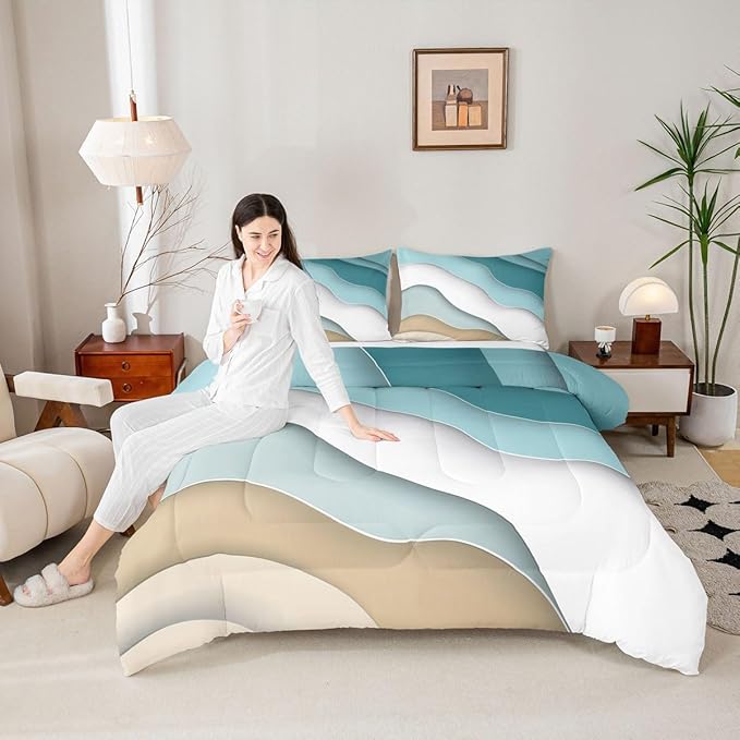 Abstract Ombre Comforter Set Ocean Waves Bedding Set Decor Blue Sea and Beach Quilt Set Tropical Summer Contemporary Duvet Insert Teens Kids Adults Room Decor 3pcs Full Size