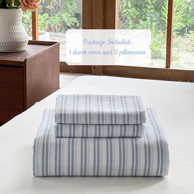 Striped Duvet Cover Set 100% Washed Cotton Linen Like Soft Feelling Breathable Bedding(White/Cornflower Blue Strip,King)