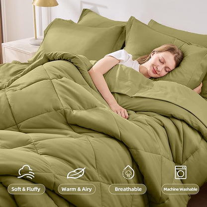 FUANNA 7 Pieces Full Size Comforter Sets, All Season Bedding Sets Full Size, Luxury Soft Bed in a Bag with Comforter, Flat Sheet, Fitted Sheet, Pillowcases & Pillow Shams, Olive Green
