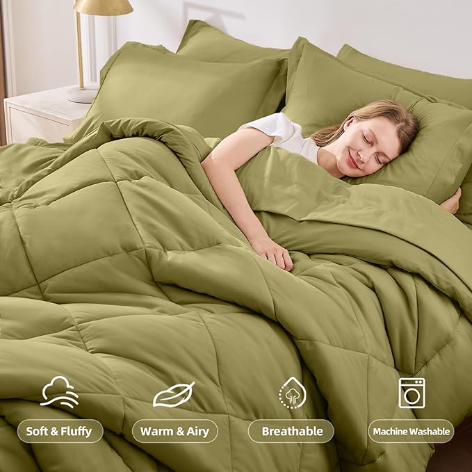 FUANNA 7 Pieces King Size Comforter Set, All Season Bed in a Bag King Size, Luxury Soft Bedding Sets with Comforter, Flat Sheet, Fitted Sheet, Pillowcases & Pillow Shams, Olive Green