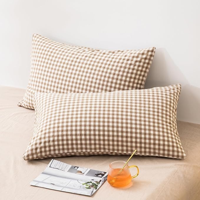 mixinni Tan Gingham Comforter Set Full, Plaid Comforter Set 3 Pieces 1 Beige Grid Comfoter with 2 Pillow Cases for All Seasons, Soft Fluffy Modern Grid Pattern Printed Bedding-Full Size