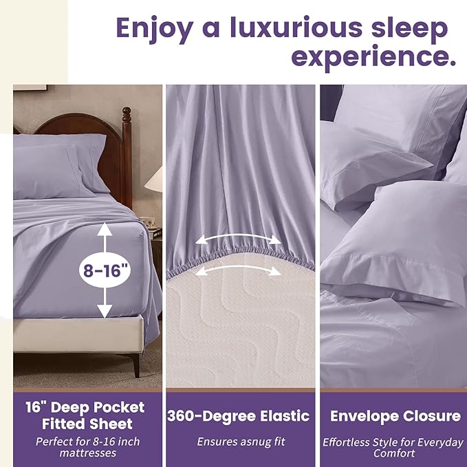 100% Linen Sheets Queen Size,Breathable & Durable 4-Piece Bed Flax Sheet Set,Soft All-Season Bedding for Hot Sleepers 16" Deep Pocket Oeko-TEX Certified,（Queen, Light Purple）