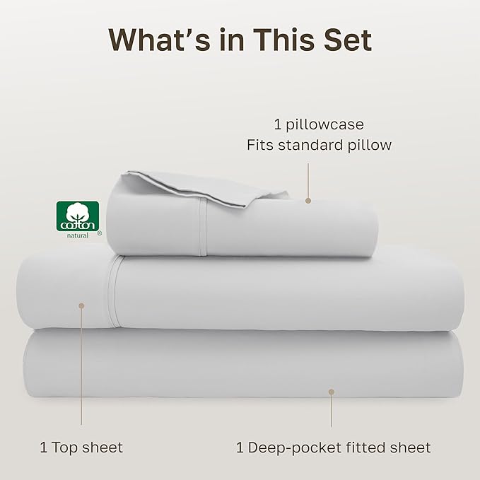 California Design Den Twin Bed Sheets Set - 400 Thread Count Sateen, Natural 100% Cotton Bedsheets, Deep Pockets with All Around Elastic, Soft, Durable Bedding - Silver