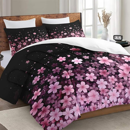 Full Size Comforter Set with 2 Pillowcases, Spring Cherry Pink Flower Tree Soft 3 Pcs Bedding for Kids and Adults Bedroom Bed Decor
