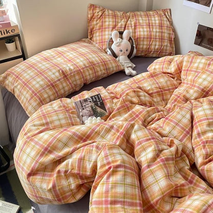 EAVD Vintage Style Gingham Duvet Cover Twin Soft 100% Washed Cotton Bedding Set with Colorful Grid Checkered Reversible Plaid Bedding Set for Boy Girl Modern Grid Plaid Duvet Cover with Zipper