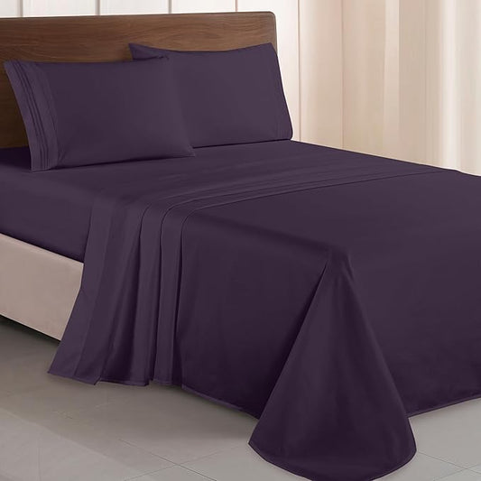 Elegant Comfort Luxurious 1500 Premium Hotel Quality Microfiber Three Line Embroidered Softest 4-Piece Bed Sheet Set, Wrinkle and Fade Resistant, King, Eggplant-Purple