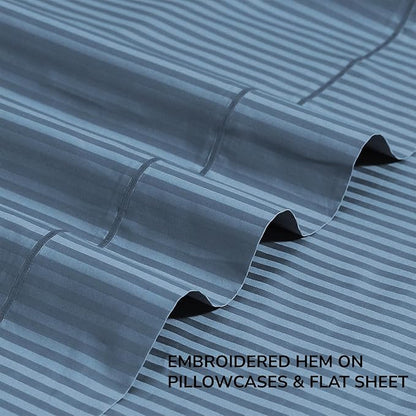 Feather & Stitch 500 TC Split King Size Damask Bed Sheet Set, 100% Cotton Soft Breathable Bedsheets, 5 Piece 18" Deep Pockets Sateen Weave Striped Bedding Mattress Resort Hotel Luxury - (Blue Stripe)