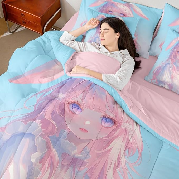 Erosebridal 3D Anime Girl Bedding Set,Japanese Girl Bed in A Bag Cartoon Anime Queen Comforter Set 7 Piece for Kids Teen Women Room Decor,Pink Kawaii Rabbit Doll Blue Bed Set