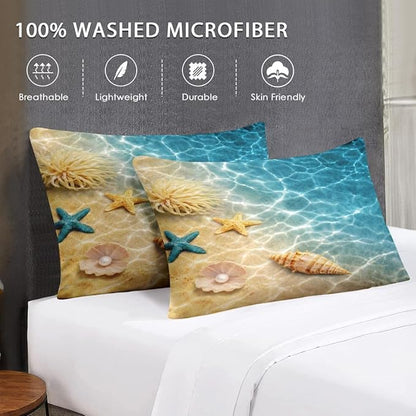 Queen Size Comforter Set with 2 Pillowcases, Summer Marine Seashell Starfish Beach Ocean Soft 3 Pcs Bedding for Kids and Adults Bedroom Bed Decor