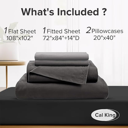 Comfort Spaces 100% Cotton Sheets Cal King, Breathable & Soft Cotton Sheets, Naturally Cool Cotton Bed Sheets with 14" Elastic Pocket Fits up to 16" Mattress, All Season Sheet Set, Black 4 Piece