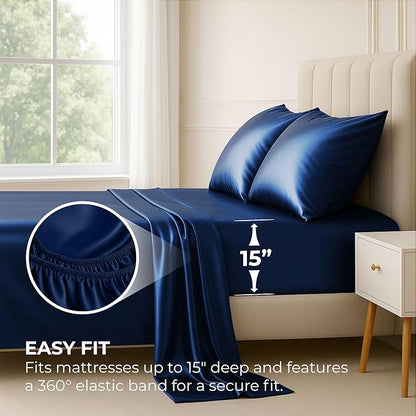 Pure Bedding Satin Sheets Twin [3-Piece, Navy] Hotel Luxury Silky Bed Sheets - Extra Soft 1800 Microfiber Sheet Set, Wrinkle, Fade, Deep Pocket Fitted Sheet, Flat Sheet, Pillow Cases