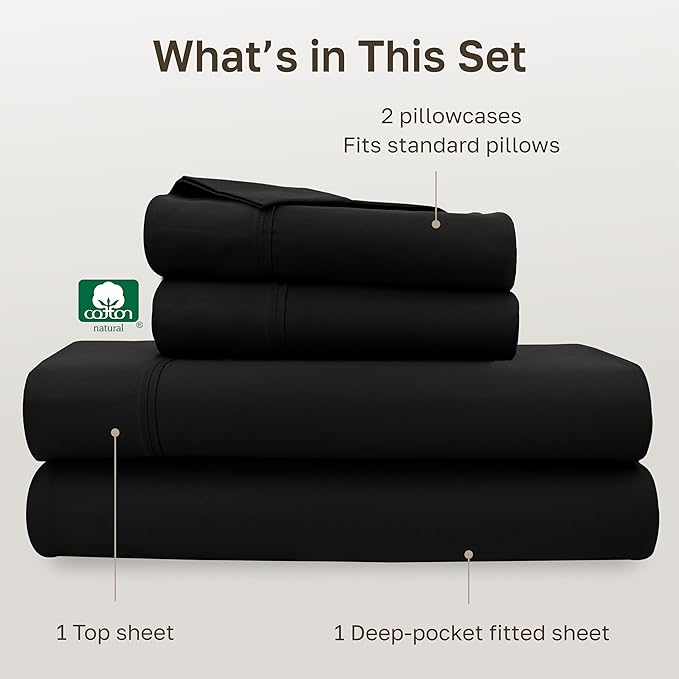 California Design Den Full Size Bed Sheets Set - Soft 400 Thread Count Sateen, Natural 100% Cotton Sheets with Deep Pockets, Breathable, and Durable Bedding Set - Black