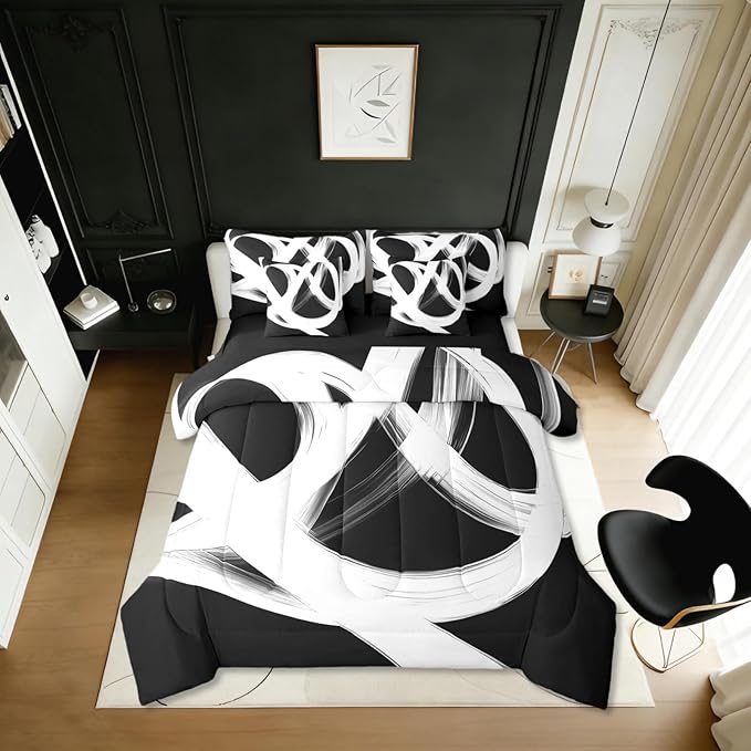 Erosebridal Abstract Modern 7 Piece Comforter Set Full Bed in A Bag Black White Lines Geometric Bedding Set Minimalist Contemporary Stripes Sheet Set Ink Painting Simple Aesthetic Neutral Quilt