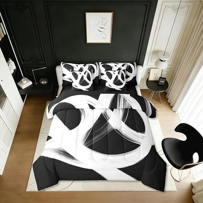 Erosebridal Abstract Modern 7 Piece Comforter Set Twin Bed in A Bag Black White Lines Geometric Bedding Set Minimalist Contemporary Stripes Sheet Set Ink Painting Simple Aesthetic Neutral Quilt