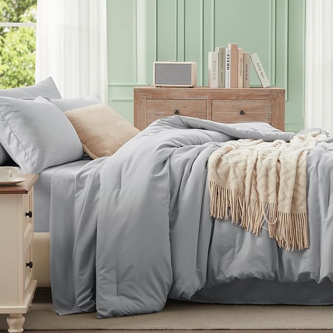 Anluoer Light Grey California King Comforter Set 7 Pieces, Bed in a Bag with Sheets, All Season Bedding Sets with 1 Comforter, 2 Pillow Shams, 2 Pillowcases, 1 Flat Sheet, 1 Fitted Sheet