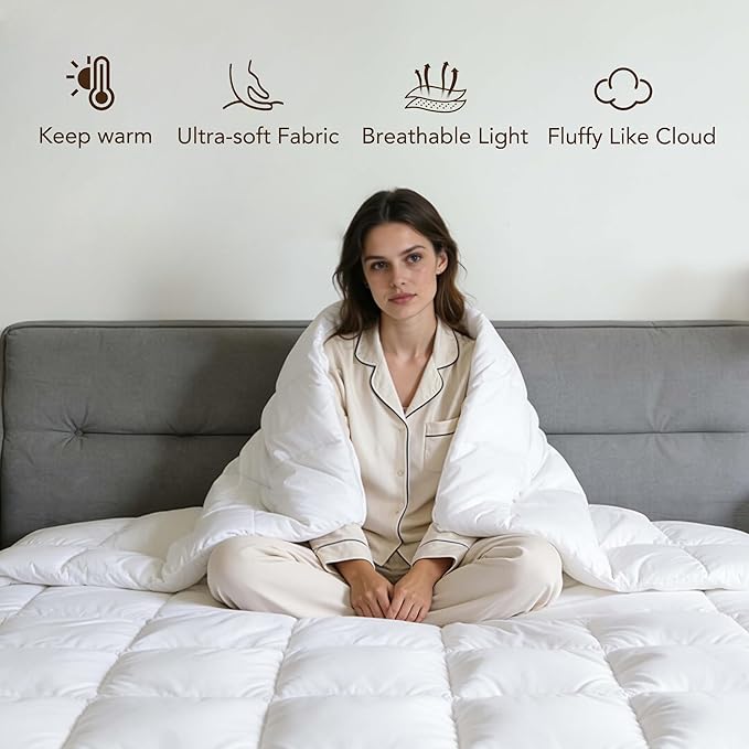 Goose Feather Down Fiber Comforters Queen Size, Extra Fluffy White Duvet Insert, Ultra-Soft, Breathable, Noiseless, All Season Hotel Luxury Collection Bedding Comforters 90"x90"