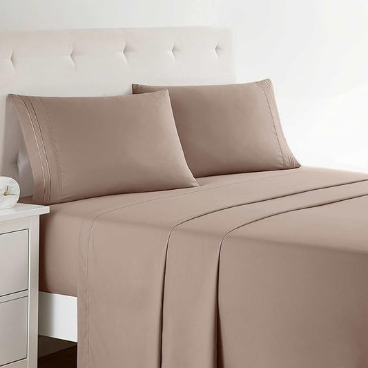Clara Clark Bed Sheets, Premier 1800 Series 4 Piece Bed Sheet Set, Deep Pocket, Wrinkle, Fade, Stain Resistant, Luxury Soft Bedding Sheets & Pillowcases, Queen, Taupe Sand