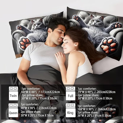 Cute Cat Comforter Set Twin,Grey Kawaii Cat Bedding Set Adult,Cute Animal Comforter for Boy,American Shorthair Bedding Grey,Kawaii Animal Print Quilt Bedroom Decor Kids